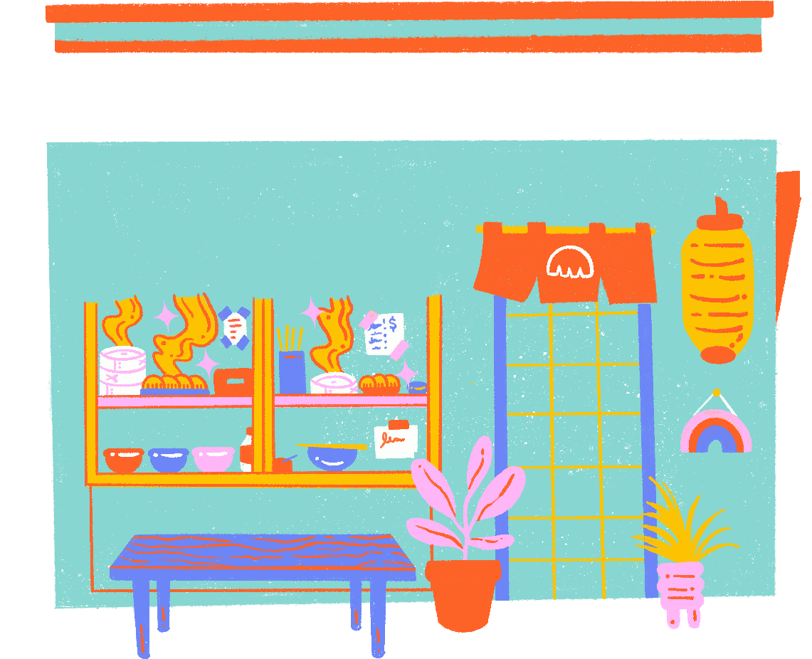 The store front of a dumpling store full of stickers!